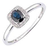 0.5ct Oval Sapphire and Round Diamond Halo Ring in UK Hallmarked 9ct White Gold